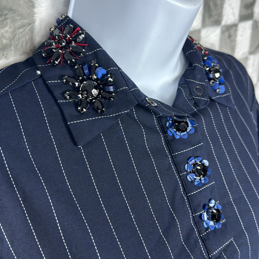 Banana Republic Pinstripe navy collared dress, rhinestone neckline pockets S - Picture 3 of 10